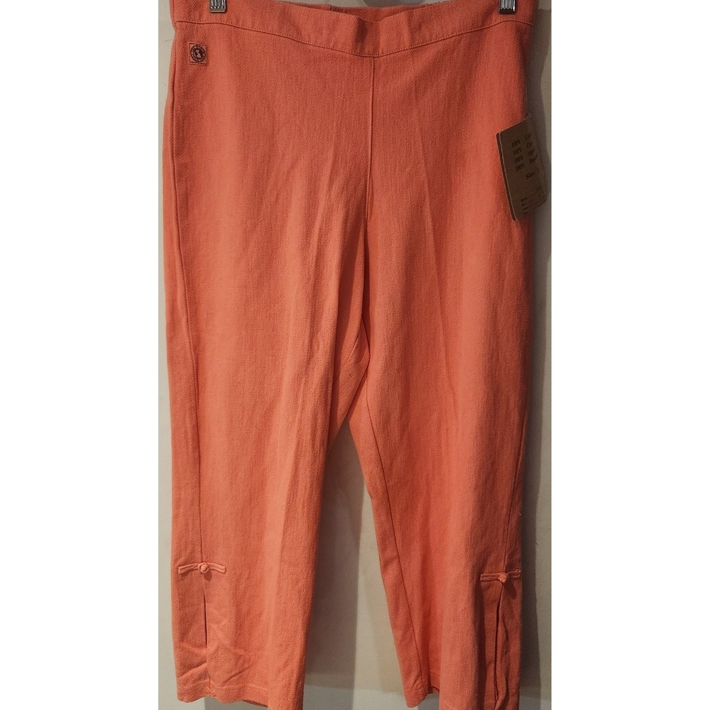 New Pink Coral 100% Cotton Textured Capri Pants with Embroidered Split Hem L